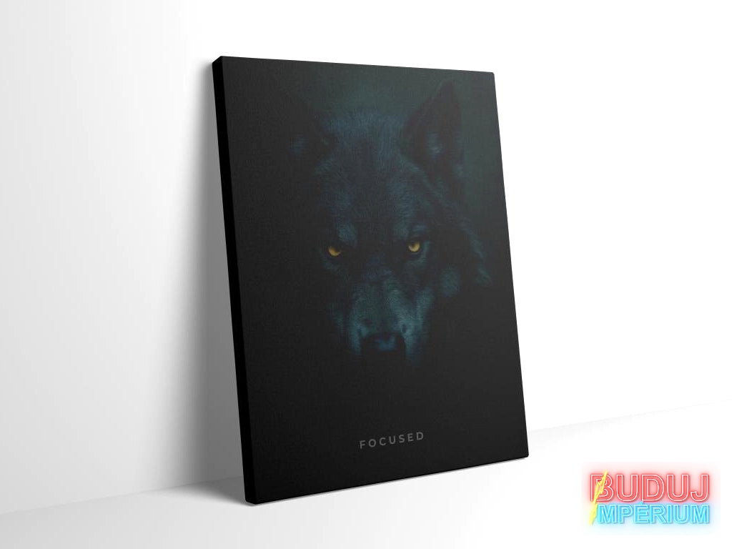 Moderní dark motivační obraz s vlkem a slovem FOCUSED - SOUSTŘEDĚNÝ. Motivační obrazy od Buduj Impérium.