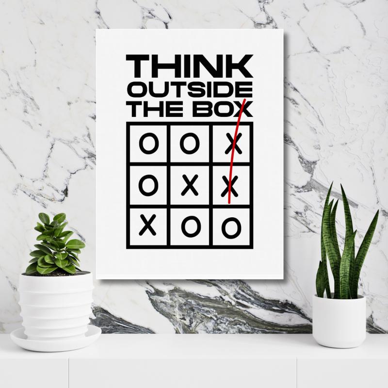 Motivační obraz s citátem THINK OUTSIDE THE BOX s piškvorkami. Inspirativní design. BudujImperium.cz - motivační obrazy, plakáty