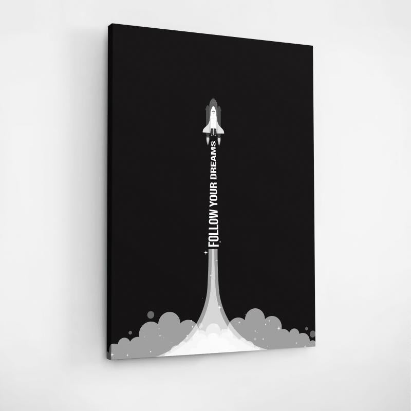 Motivační obraz "Follow Your Dreams" s raketou na černém pozadí, motivující k následování snů – BudujImperium.cz. – motivační obrazy