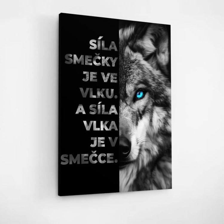 Stylový obraz s vlkem a citátem o síle vlka a smečky, motivace do interiéru. - motivace, motivační obraz česky, BudujImperium.cz