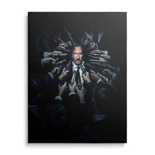 John Wick v černém obleku a kravatě obklopený rukama s pistolemi namířenými na něj, bílé manžety na téměř černém pozadí.
