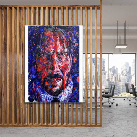 Obraz John Wick - Expresivní malba na dřevěné stěně.