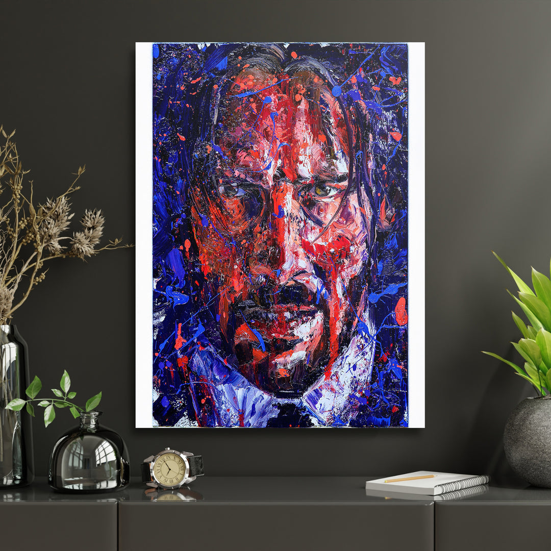 Obraz John Wick - Expresivní malba v interiéru s hodinami.