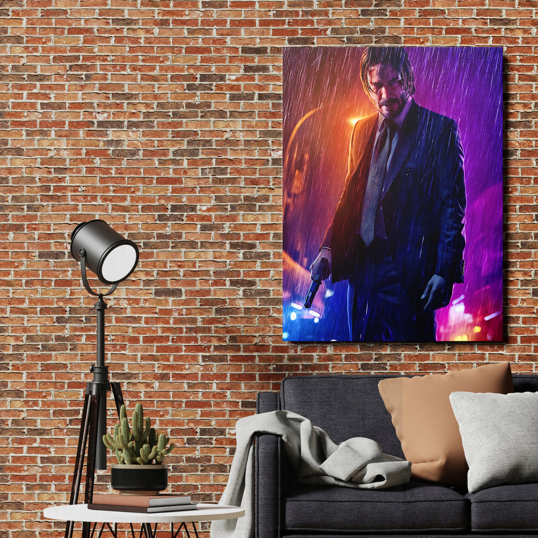 Obraz John Wick - Neonový déšť na cihlové zdi.