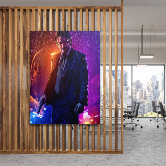 Obraz John Wick - Neonový déšť na dřevěné stěně.