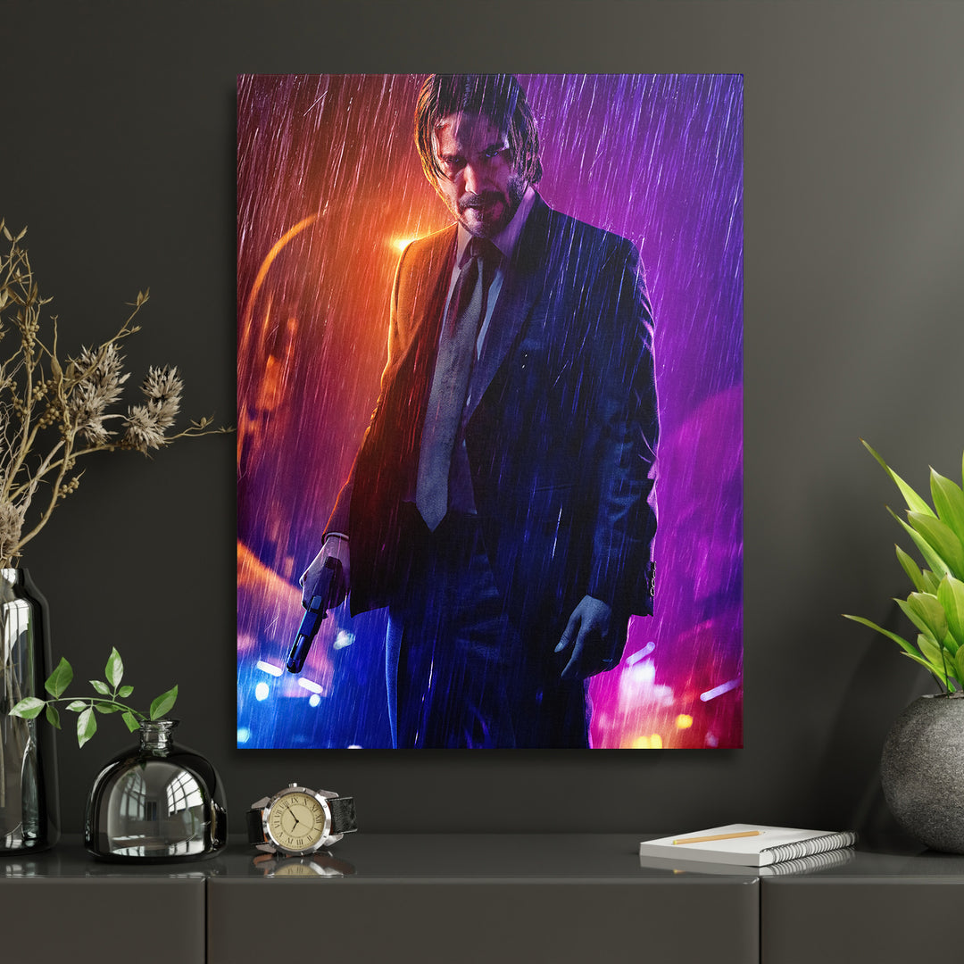 Obraz John Wick - Neonový déšť v interiéru s hodinami.