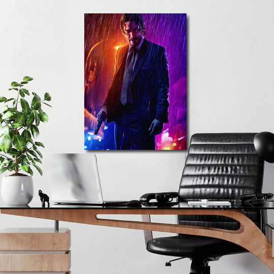 Obraz John Wick - Neonový déšť v kanceláři.