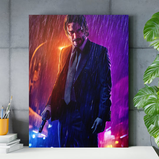 Obraz John Wick - Neonový déšť nad pracovním stolem.