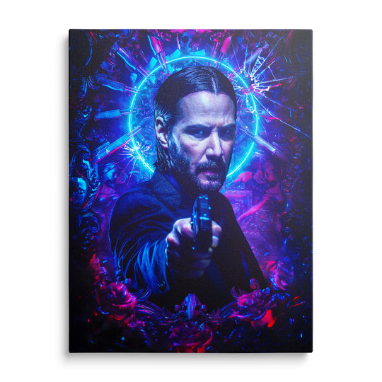 Ilustrovaný John Wick míří pistolí na diváka, za hlavou modrá neonová svatozář, kolem zlacené ornamenty, růže a náboje.