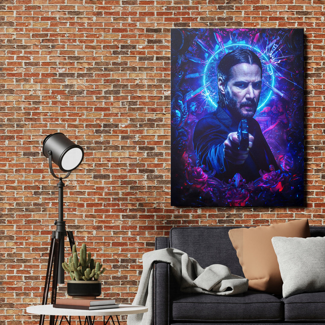 Obraz John Wick - Modrá svatozář na cihlové zdi.