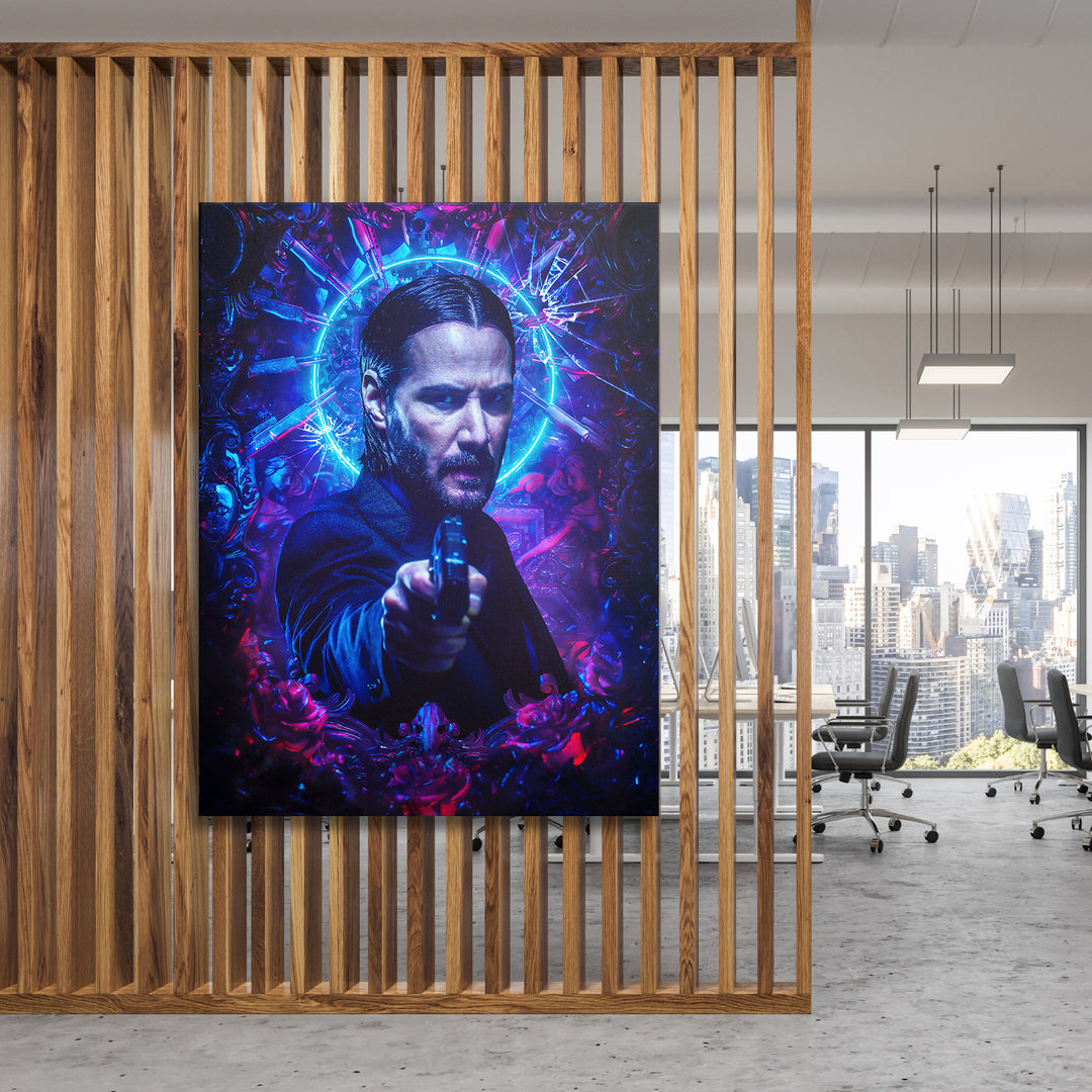 Obraz John Wick - Modrá svatozář na dřevěné stěně.