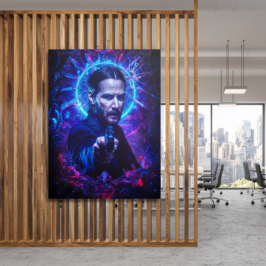 Obraz John Wick - Modrá svatozář na dřevěné stěně.