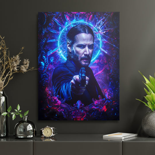 Obraz John Wick - Modrá svatozář v interiéru s hodinami.
