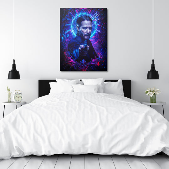 Obraz John Wick - Modrá svatozář nad postelí.