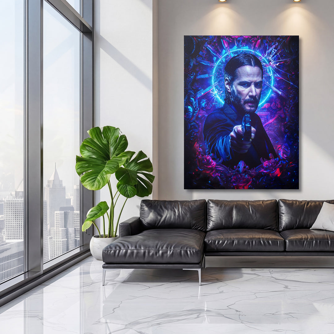 Obraz John Wick - Modrá svatozář na velké stěně, třetí pohled.