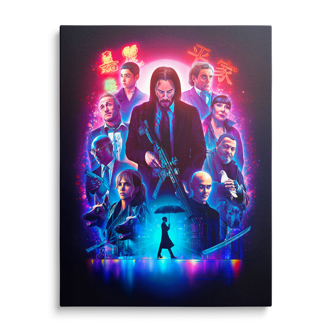 John Wick s puškou uprostřed montáže dalších portrétů, dvou psů a neonového města ve fialových, růžových a modrých tónech.