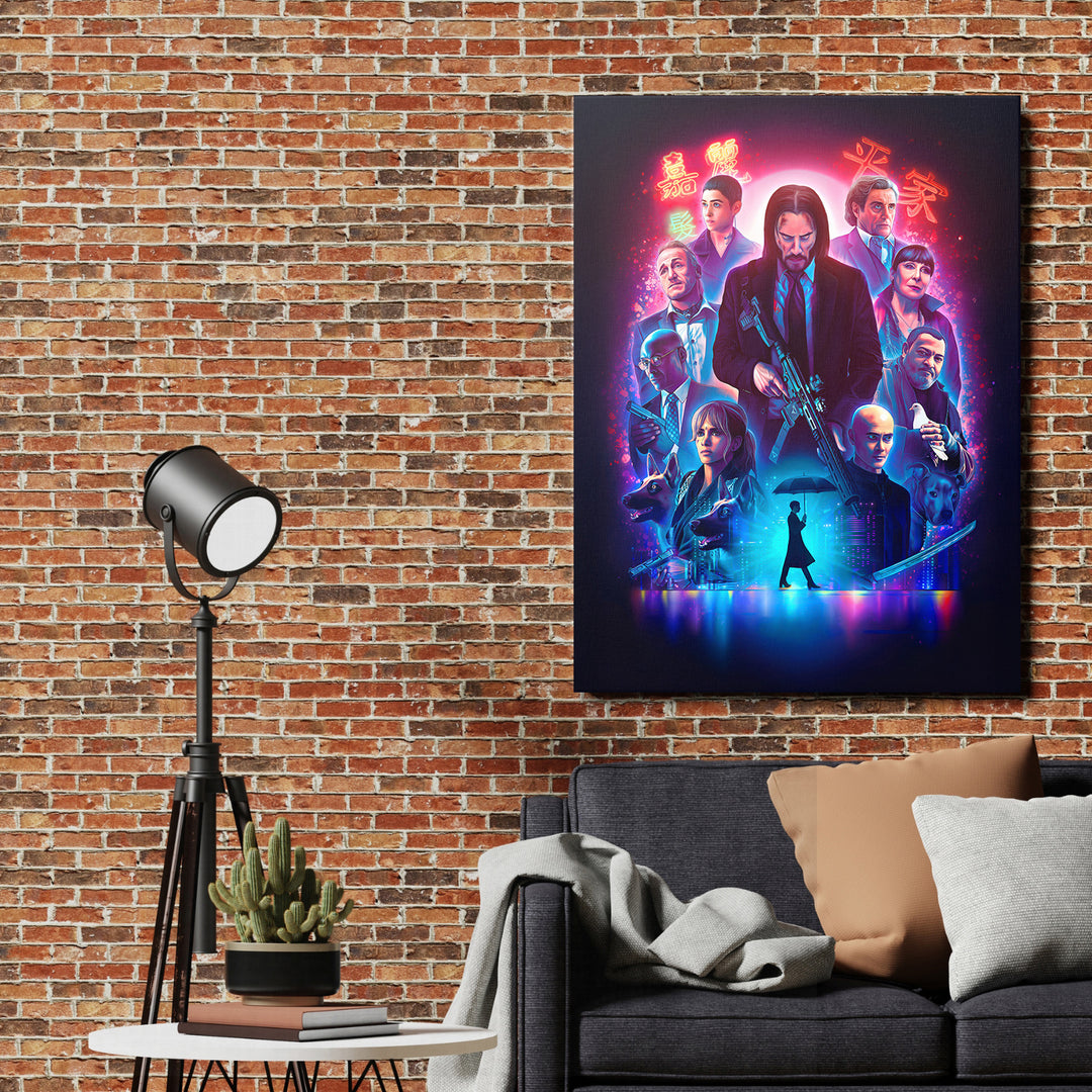Obraz John Wick - Neonové město na cihlové zdi.