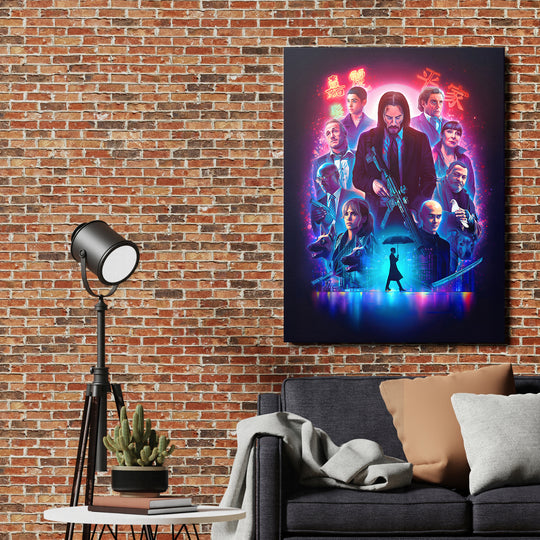 Obraz John Wick - Neonové město na cihlové zdi.