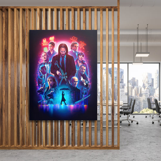 Obraz John Wick - Neonové město na dřevěné stěně.