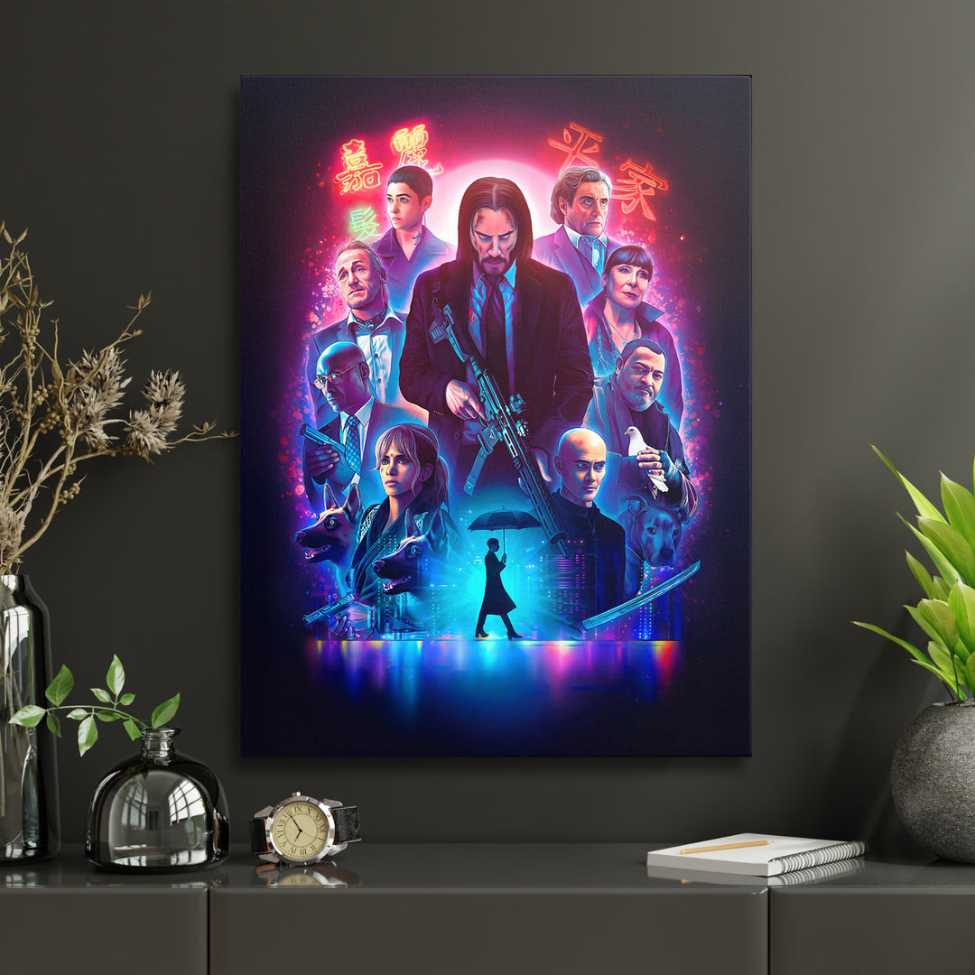 Obraz John Wick - Neonové město v interiéru s hodinami.