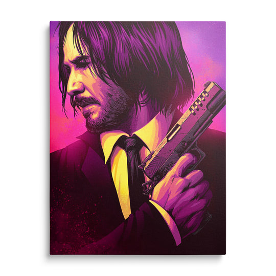 Ilustrovaný John Wick v tmavém obleku s pistolí a tváří otočenou stranou na růžovofialovém pozadí se žlutým světlem.