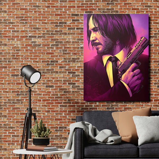 Obraz John Wick - Purpurový portrét na cihlové zdi.
