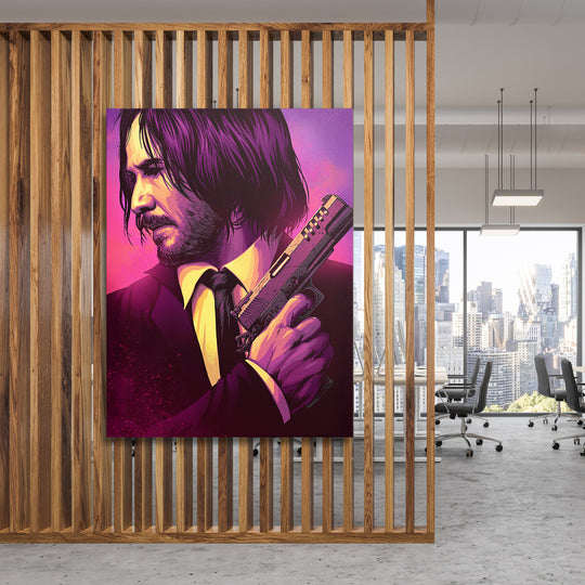 Obraz John Wick - Purpurový portrét na dřevěné stěně.