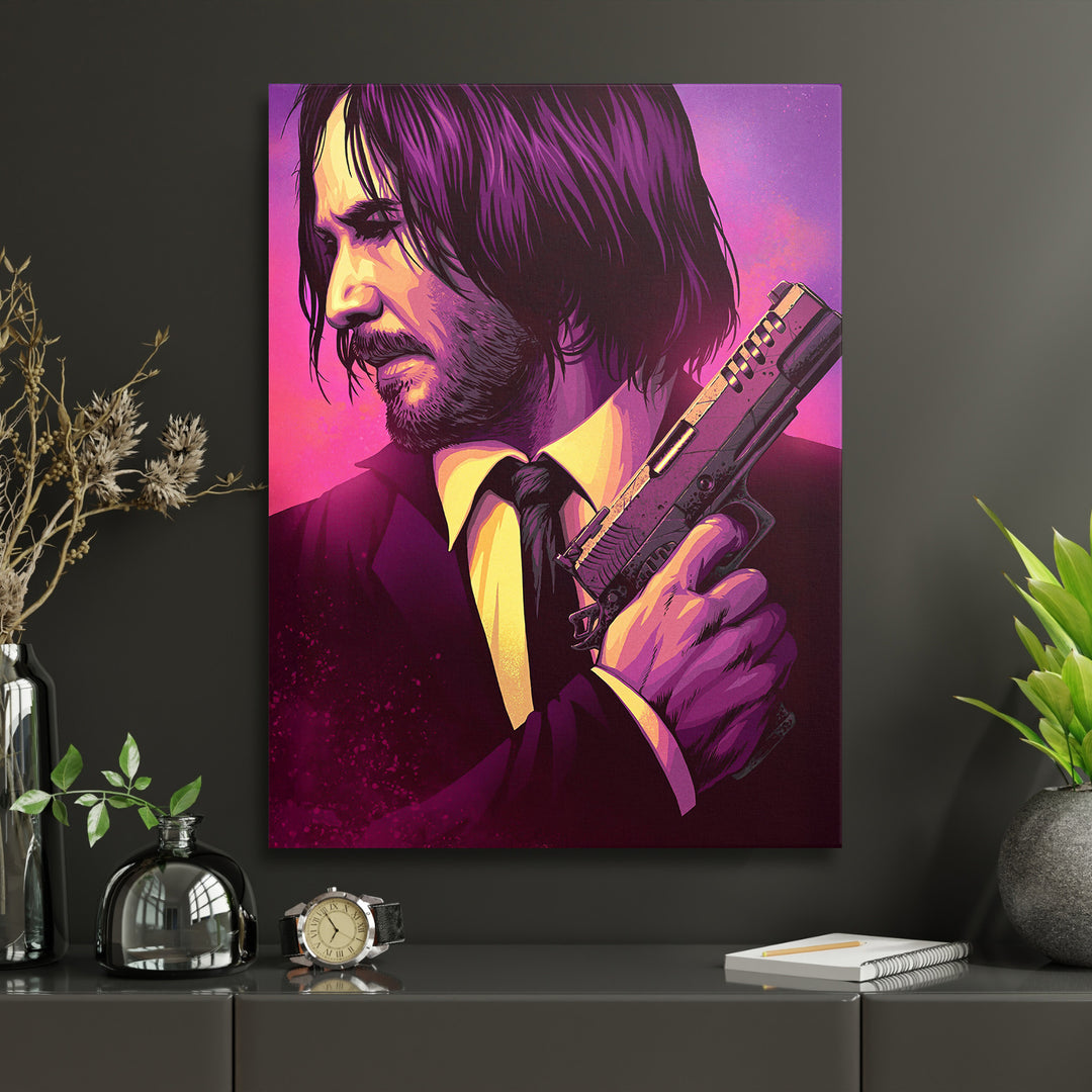 Obraz John Wick - Purpurový portrét v interiéru s hodinami.