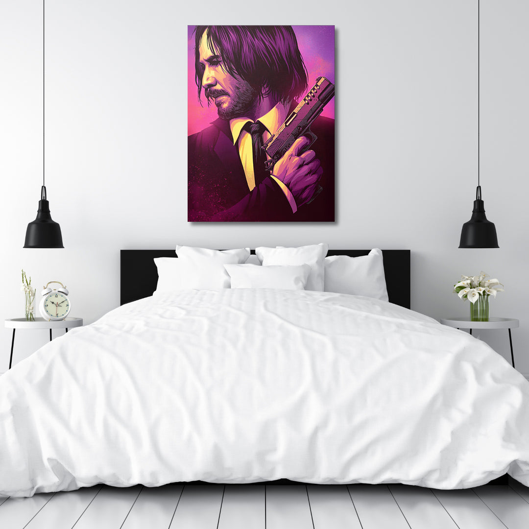 Obraz John Wick - Purpurový portrét nad postelí.