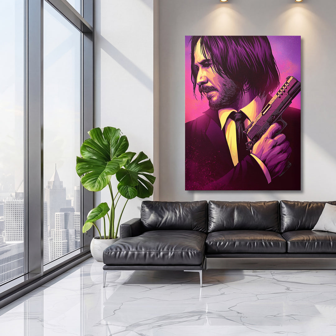 Obraz John Wick - Purpurový portrét na velké stěně, třetí pohled.