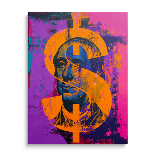 Modročerný portrét Franklina přes velký oranžový dolarový znak na purpurovém, růžovém a tyrkysovém graffiti pozadí.