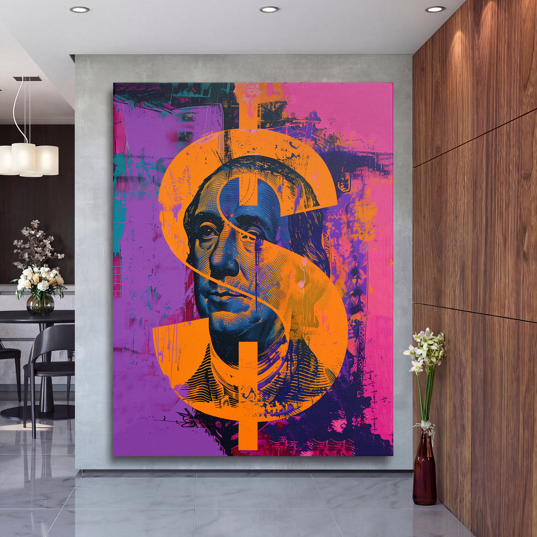 Pop art obraz Franklin - Purpurové graffiti na velké stěně, druhý pohled.
