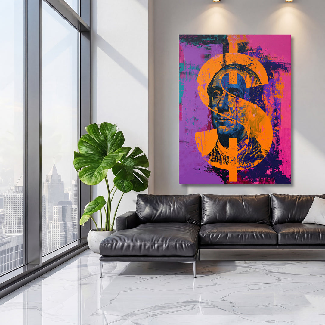 Pop art obraz Franklin - Purpurové graffiti na velké stěně, třetí pohled.