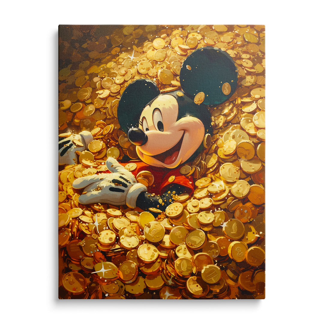 Prostorová ilustrace Mickey Mouse s bílými rukavicemi a červenými šortkami ponořeného do velké hromady třpytivých zlatých mincí.