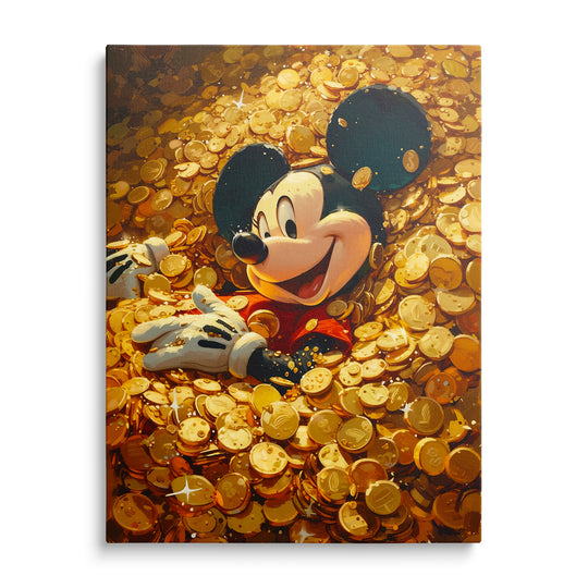 Prostorová ilustrace Mickey Mouse s bílými rukavicemi a červenými šortkami ponořeného do velké hromady třpytivých zlatých mincí.
