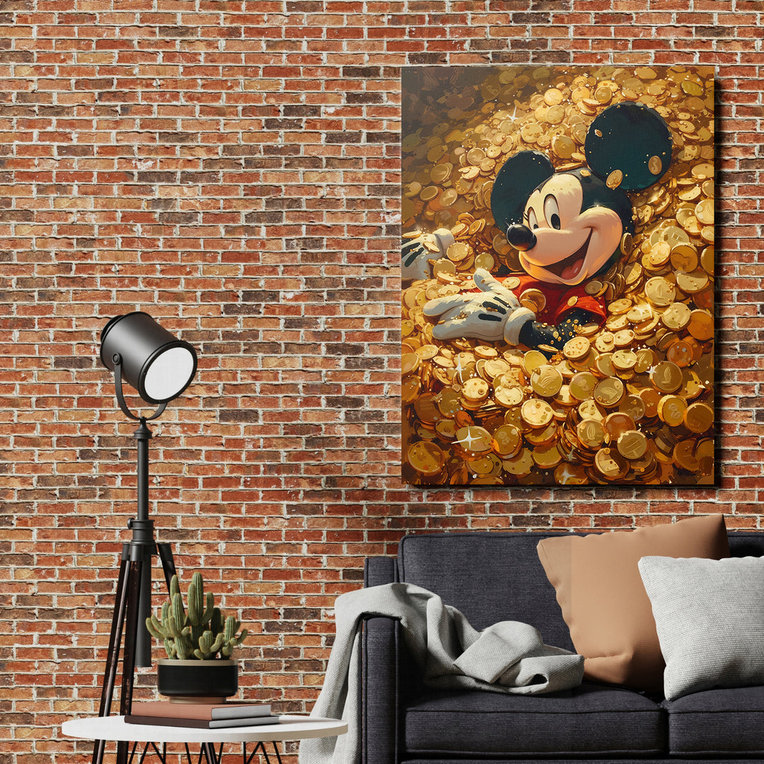 Obraz Mickey Mouse - Moře zlatých mincí na cihlové zdi.
