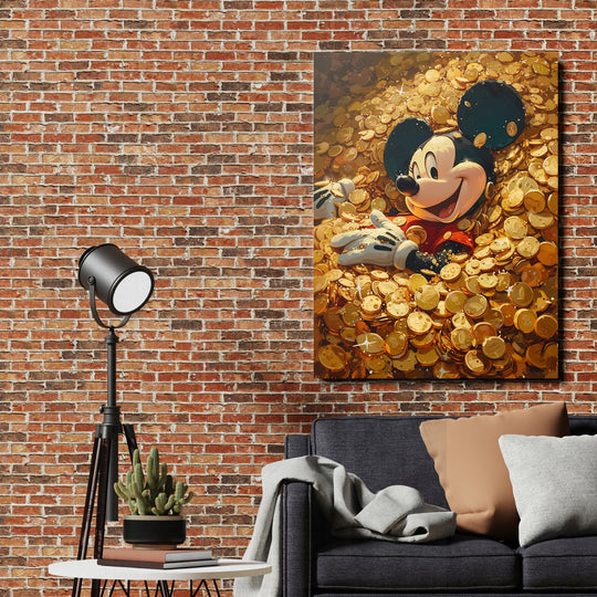 Obraz Mickey Mouse - Moře zlatých mincí na cihlové zdi.