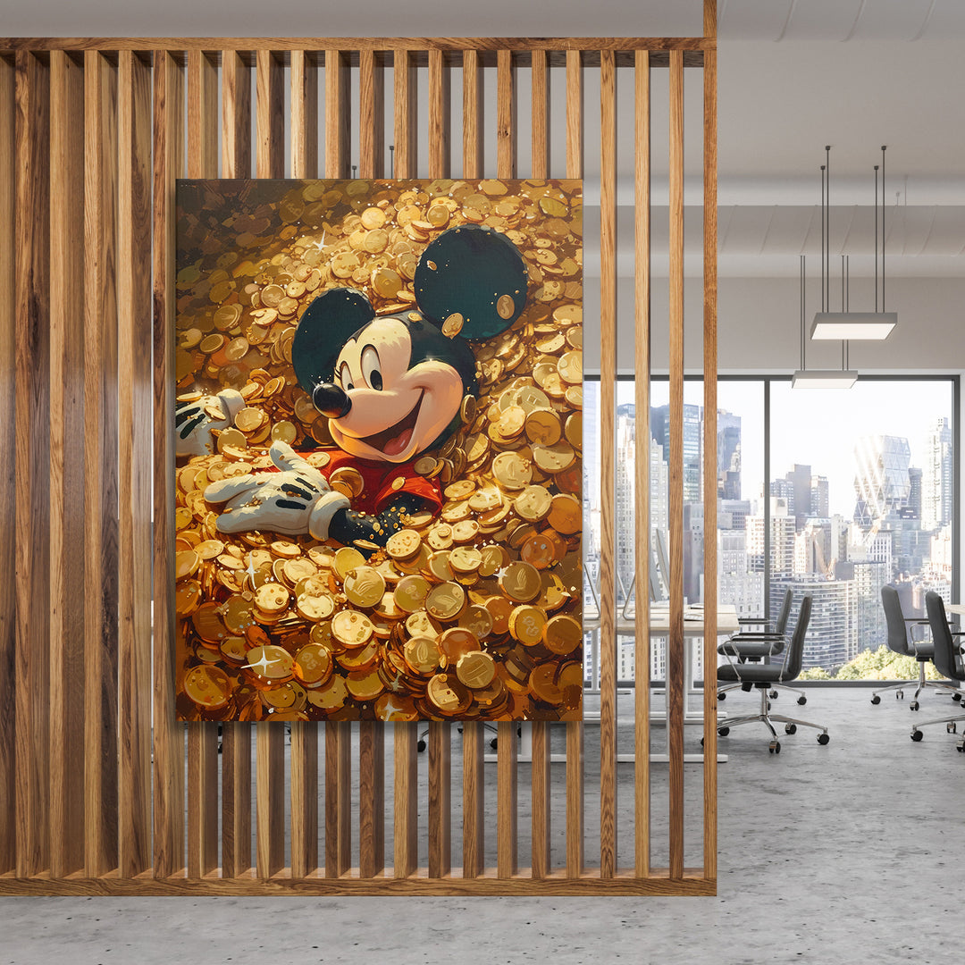 Obraz Mickey Mouse - Moře zlatých mincí na dřevěné stěně.