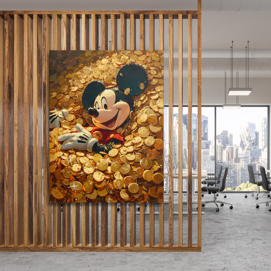 Obraz Mickey Mouse - Moře zlatých mincí na dřevěné stěně.