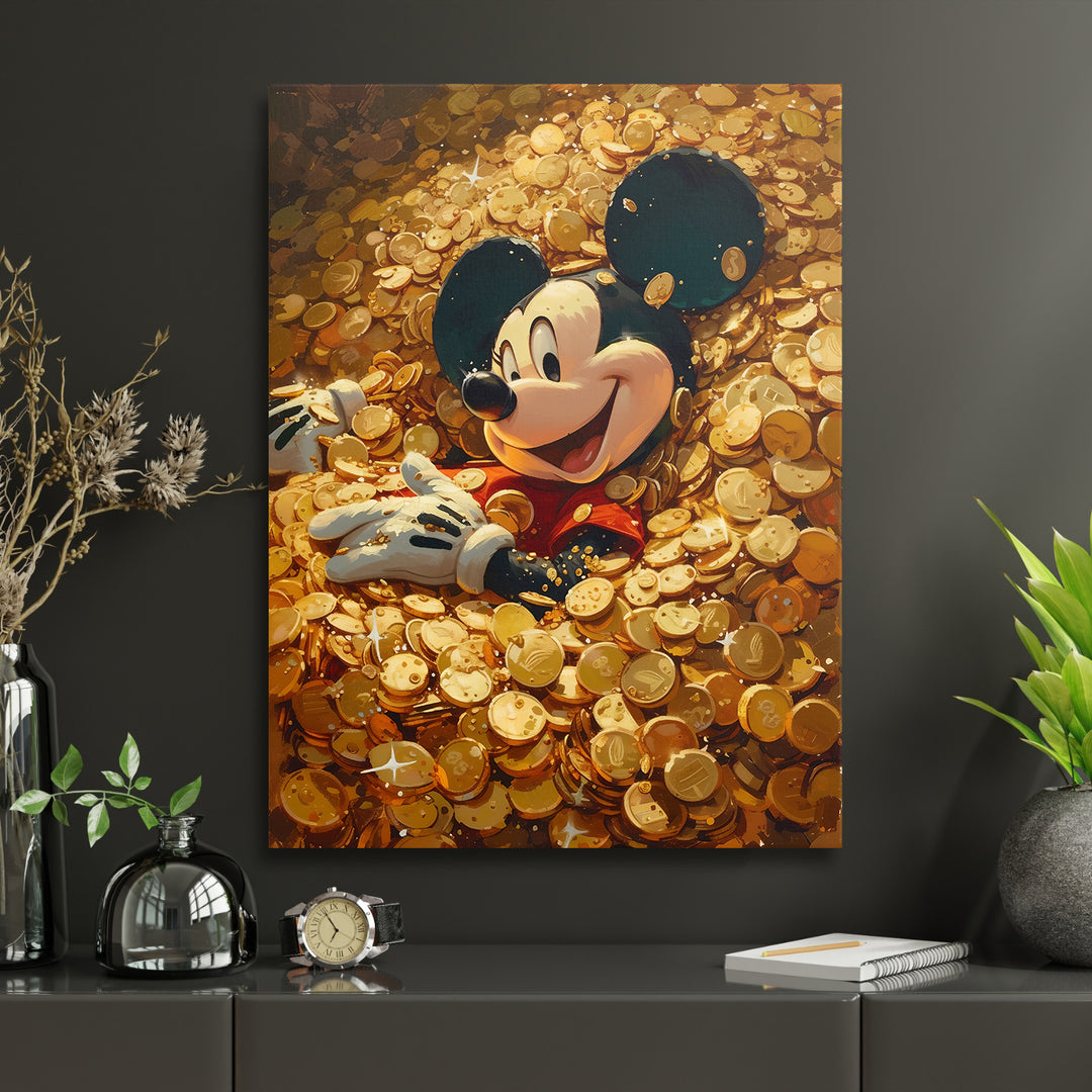 Obraz Mickey Mouse - Moře zlatých mincí v interiéru s hodinami.