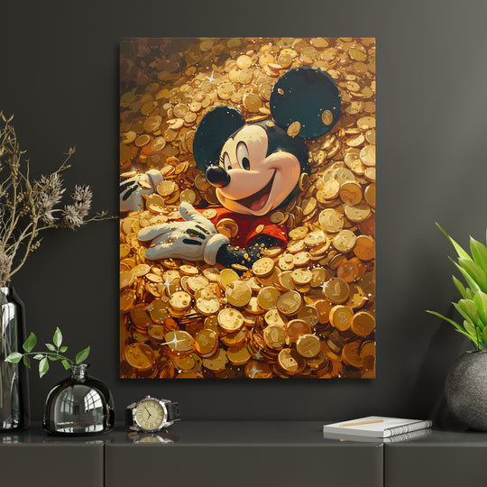 Obraz Mickey Mouse - Moře zlatých mincí v interiéru s hodinami.