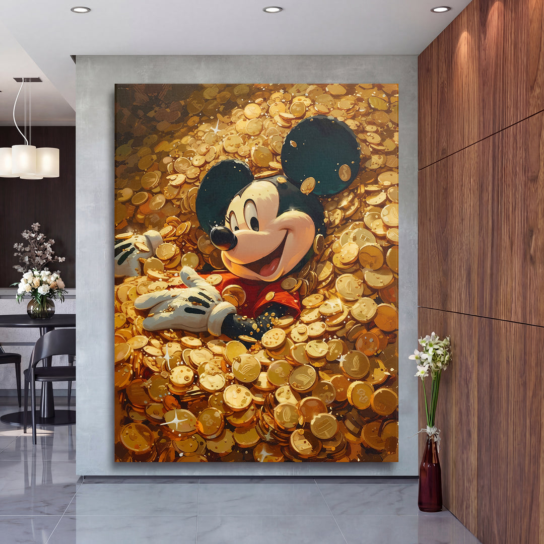 Obraz Mickey Mouse - Moře zlatých mincí na velké stěně, druhý pohled.