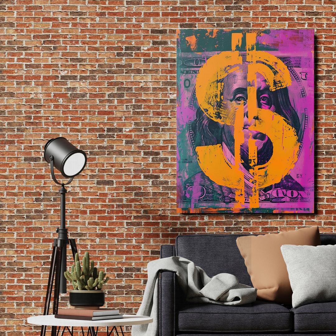 Pop art obraz Franklin - Oranžový dolar na cihlové zdi.