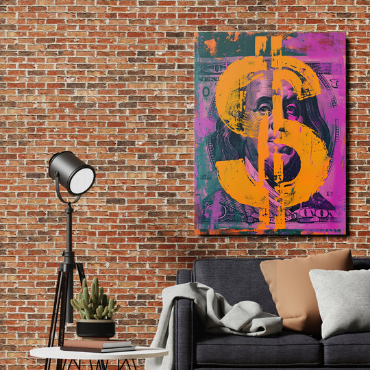 Pop art obraz Franklin - Oranžový dolar na cihlové zdi.