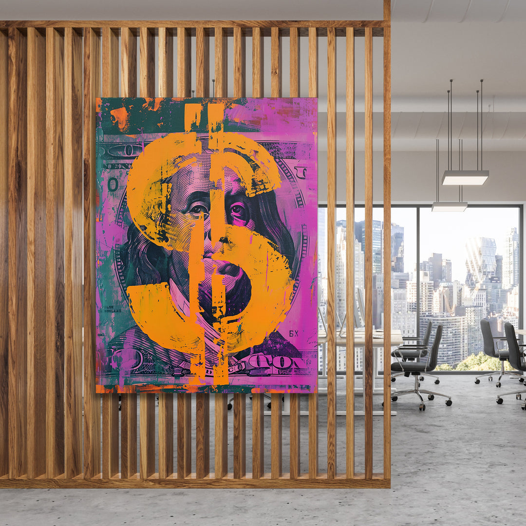 Pop art obraz Franklin - Oranžový dolar na dřevěné stěně.