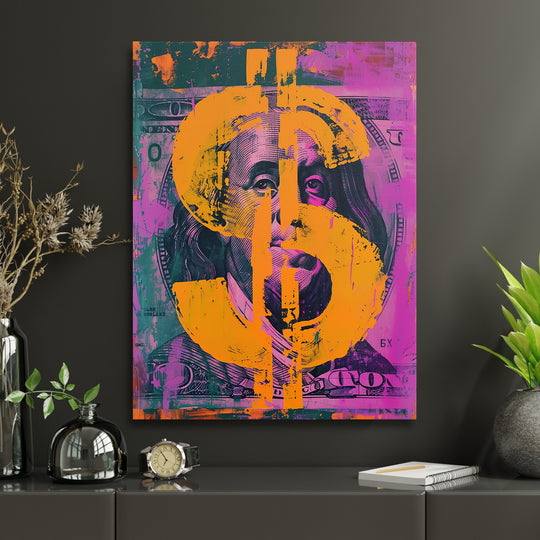 Pop art obraz Franklin - Oranžový dolar v interiéru s hodinami.