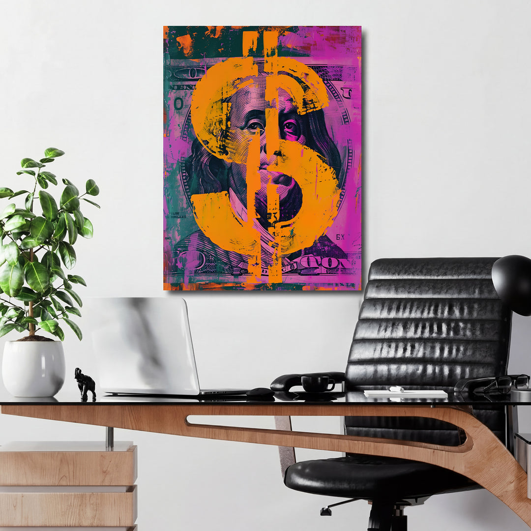 Pop art obraz Franklin - Oranžový dolar v kanceláři.
