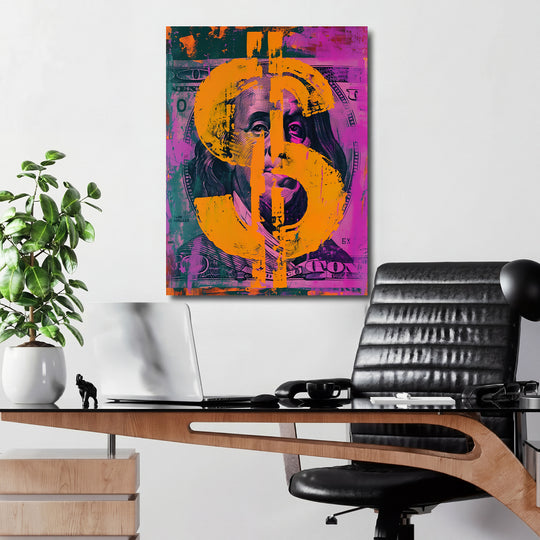 Pop art obraz Franklin - Oranžový dolar v kanceláři.