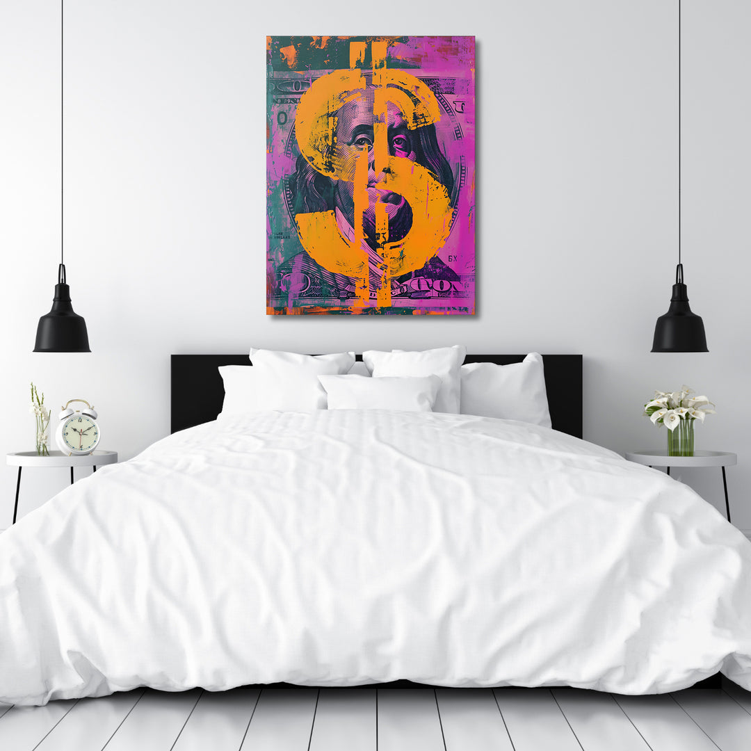 Pop art obraz Franklin - Oranžový dolar nad postelí.