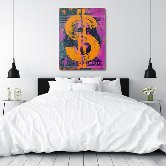 Pop art obraz Franklin - Oranžový dolar nad postelí.